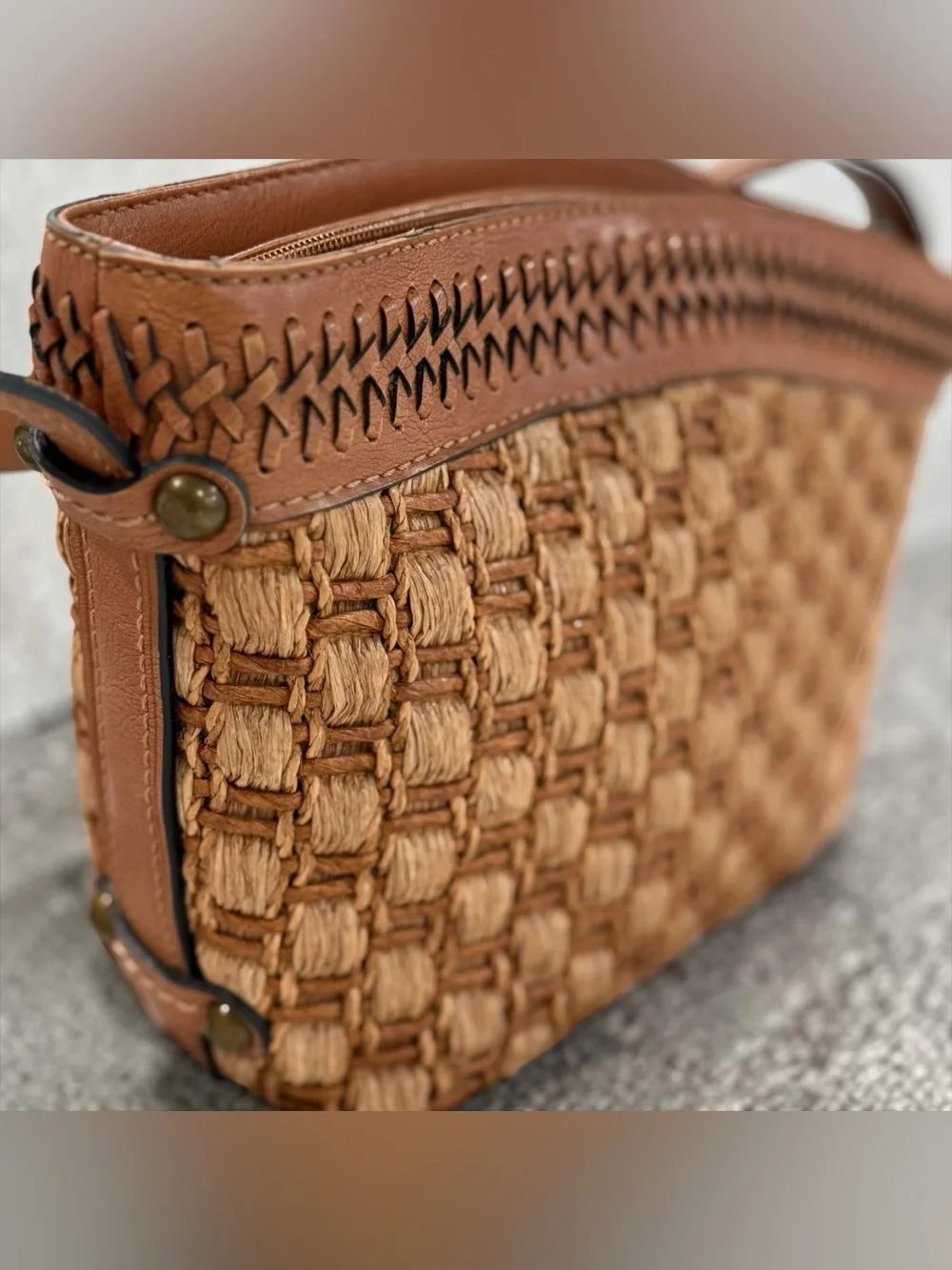Vintage Fossil Woven Raffia & Leather Shoulder Bag - Brown
